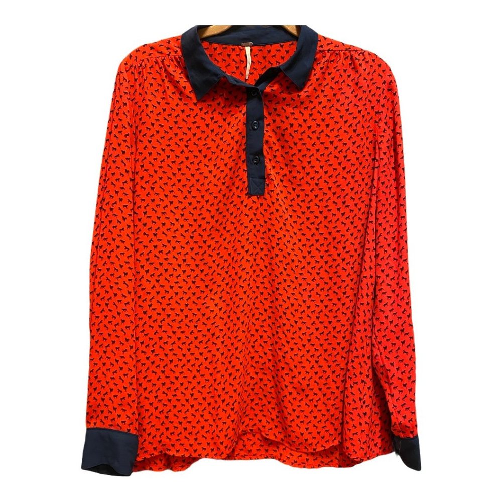 Free People Red Blue Equestrian horse print blouse Medium
